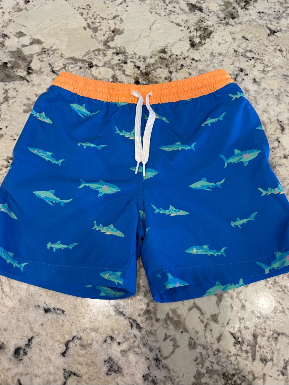Chubbies Boys Blue Shark Print Swim Shorts with Orange Waistband